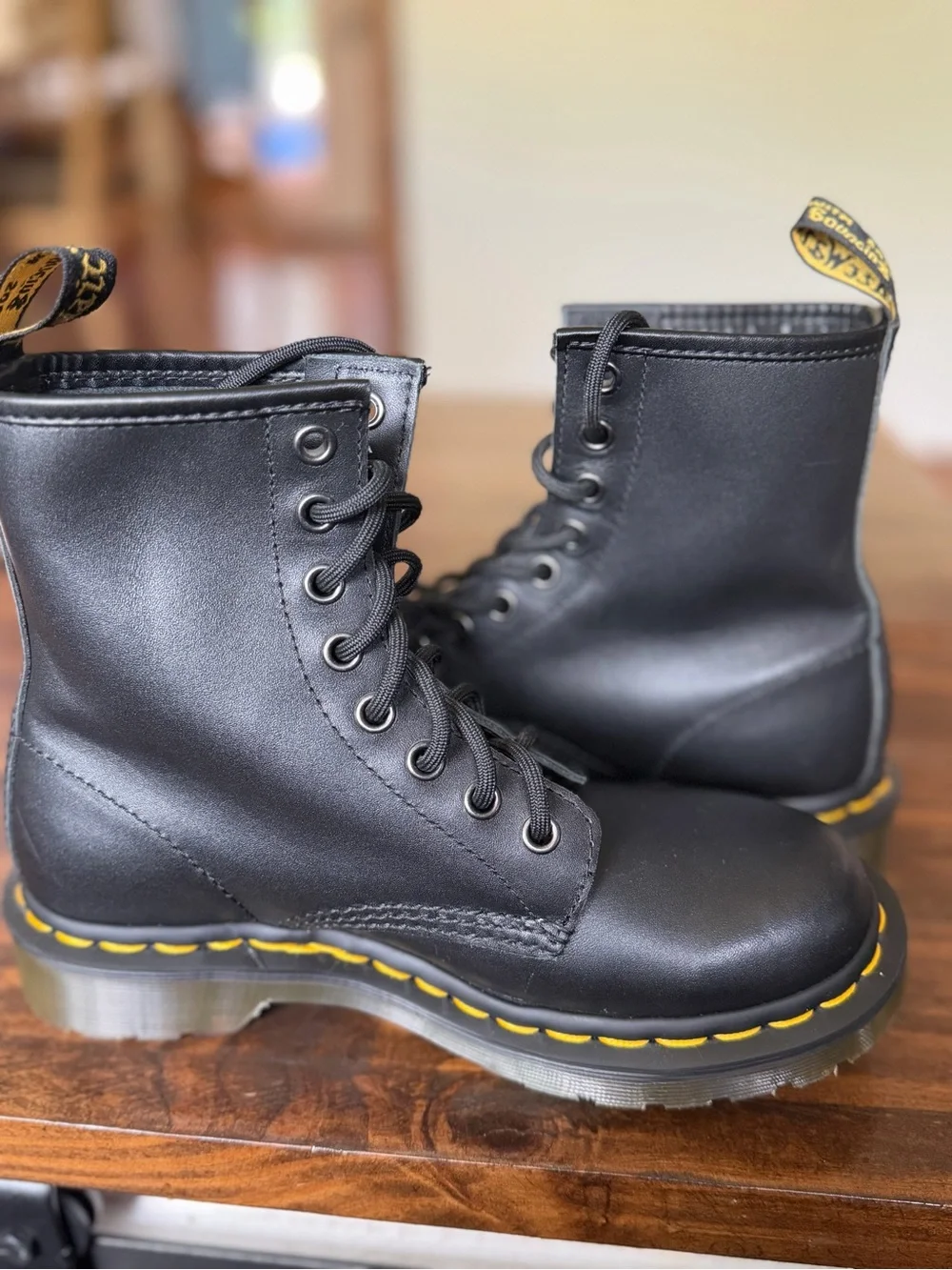 Dr. Martens Kids Black Lace-Up Boots with Yellow Stitching